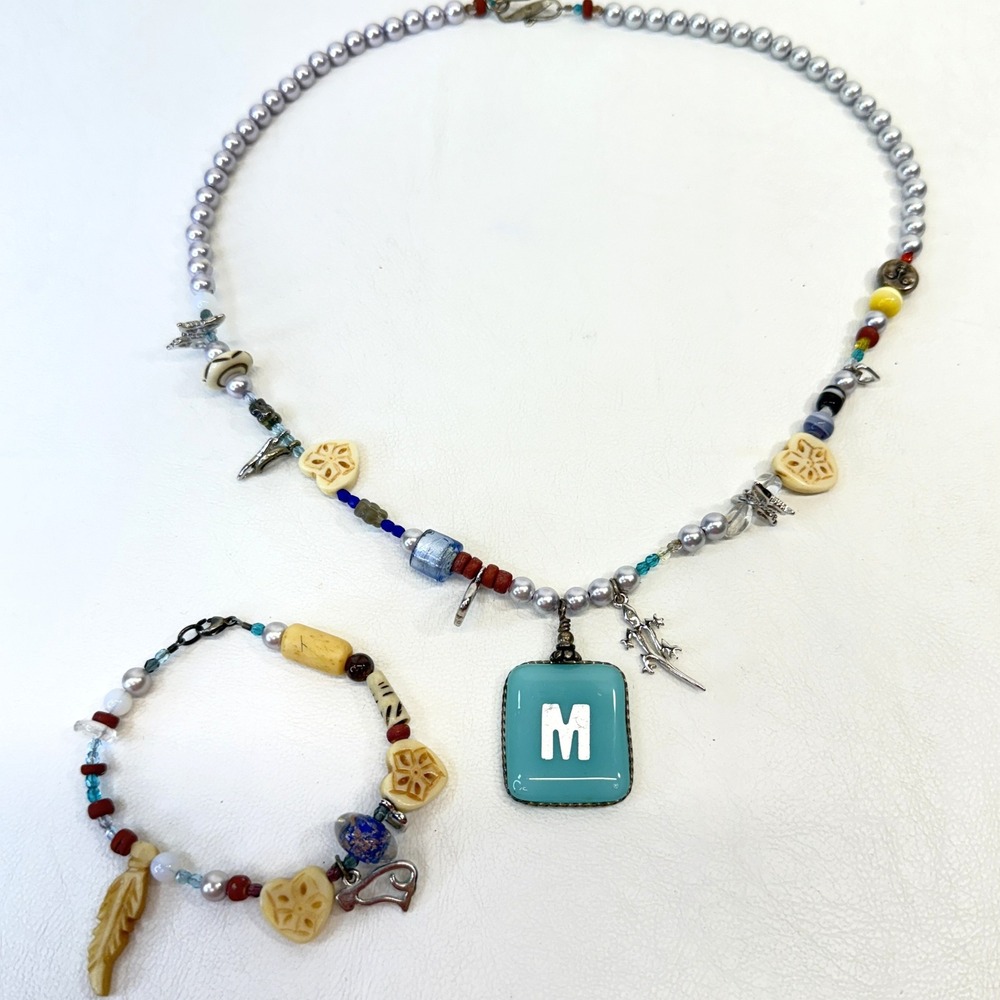 Beaded Necklace Bracelet Set Initial M Charm‎ Lizard Boho Sterling Silver